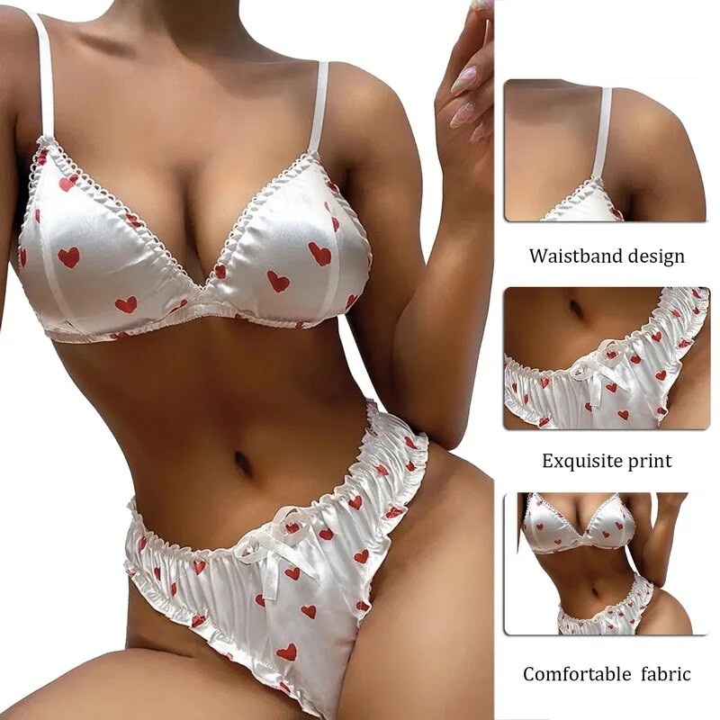 2db női melltartó szett szatén szívvel nyomott pizsama Push Up melltartó Bralette és G-String tangák női puha fehérnemű hálóruha nagy méretű