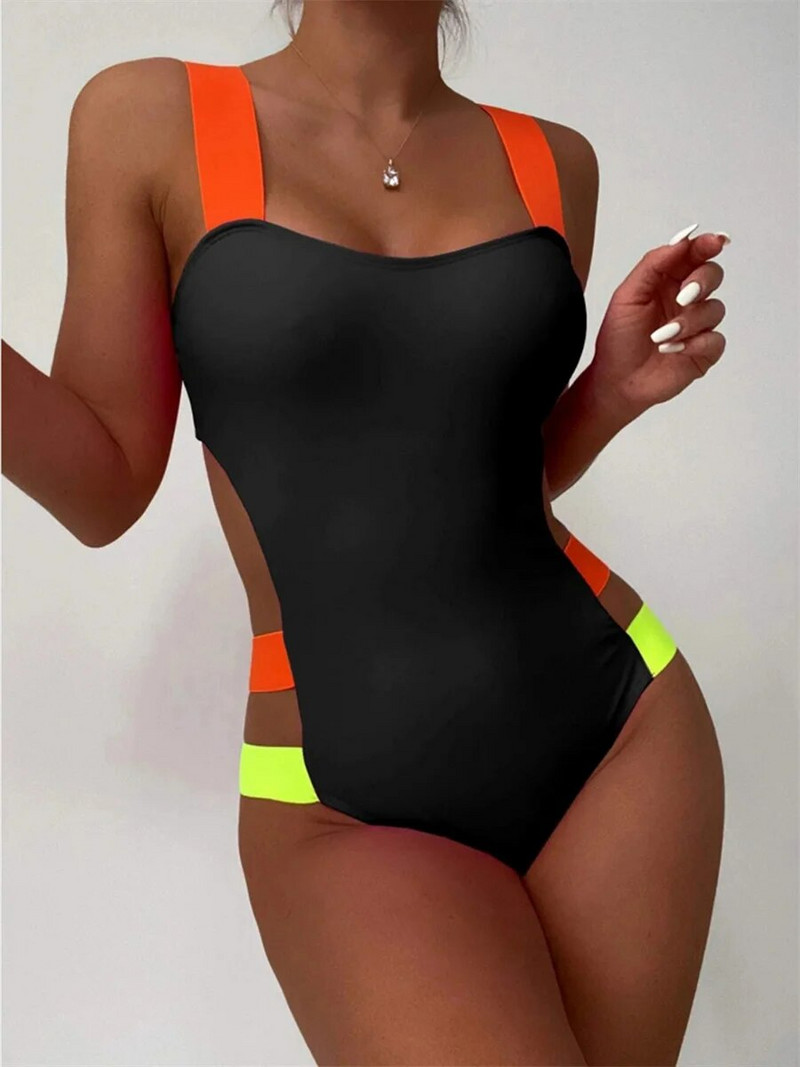Seksualus juodas, kontrastingas vientisas 2024 m. maudymosi kostiumėlis, moteriškas neoninis dirželis, tuščiaviduris monokinis vasarinis maudymosi kostiumėlis be nugaros