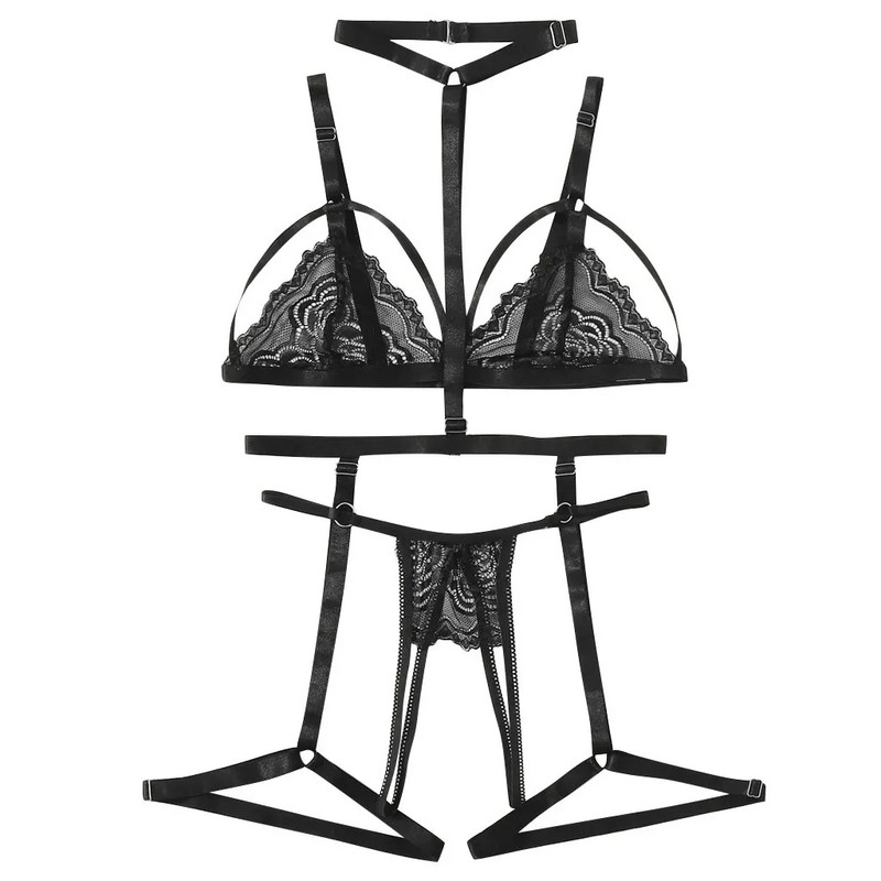 Szexi női fehérnemű Csipke fehérnemű Melltartó+tanga+harisnyakötő fehérnemű szett Női fehérnemű szettek Szexi ropa belső femenina