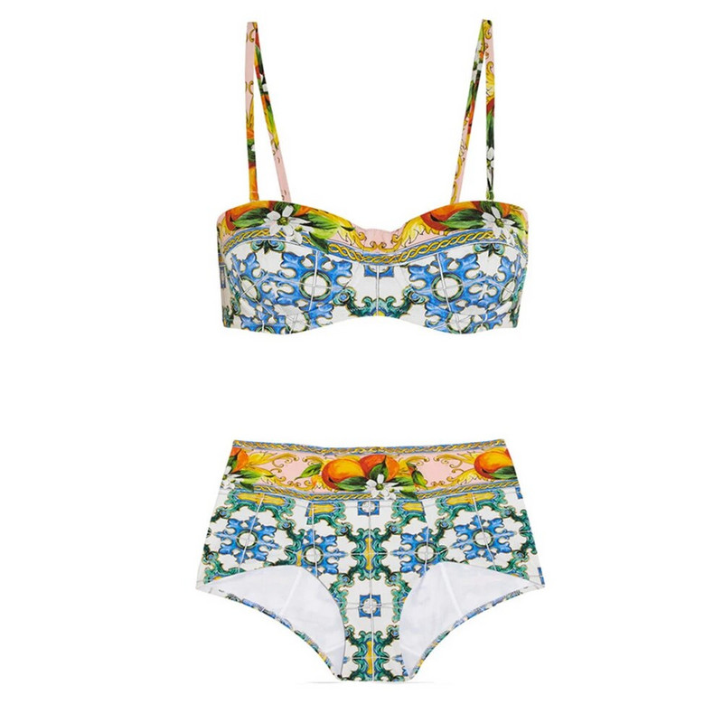 Vintažinio rašto maudymosi kostiumėlių komplektas moterims su uždengimu Seksualūs aukšto juosmens bikiniai vasaros paplūdimio mados detalės prabangiai elegancijai ir plonai