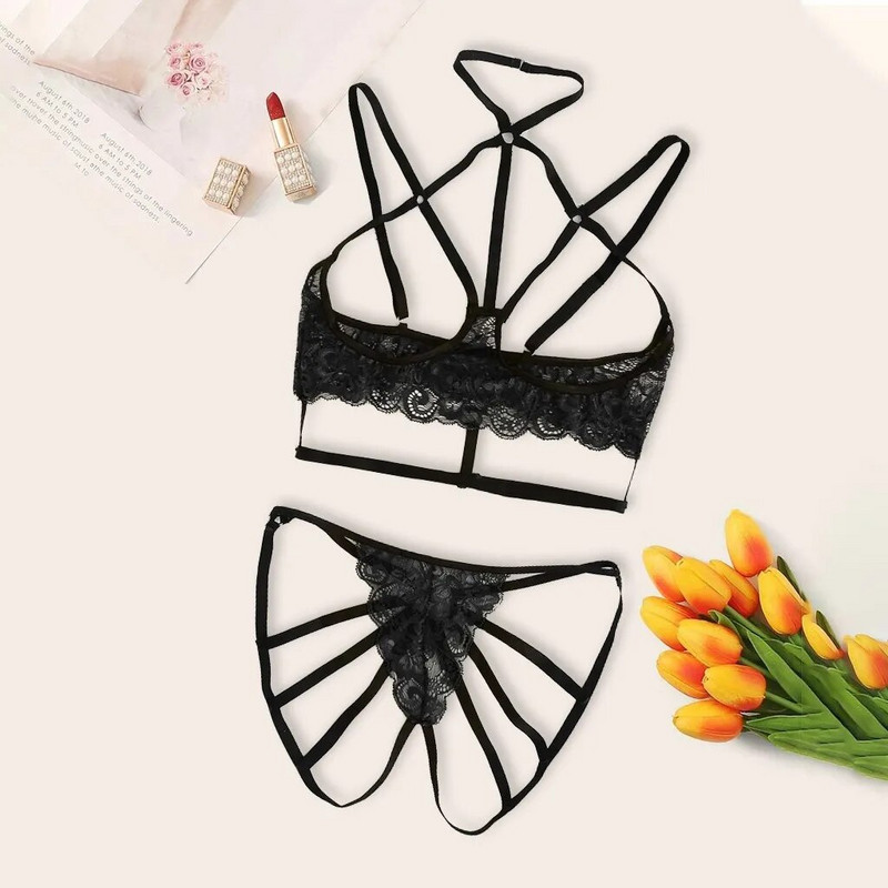 Set de lenjerie de lenjerie cu dantelă cu dantelă pentru femei Set de lenjerie de corp Set de lenjerie de corp neagră Ținută de lenjerie sexy