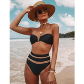 Szexi magas derekú bikini női tömör fehér hálós pánt nélküli mini fürdőruha brazil fürdőruha Push Up fürdőruha Biquini strandruha