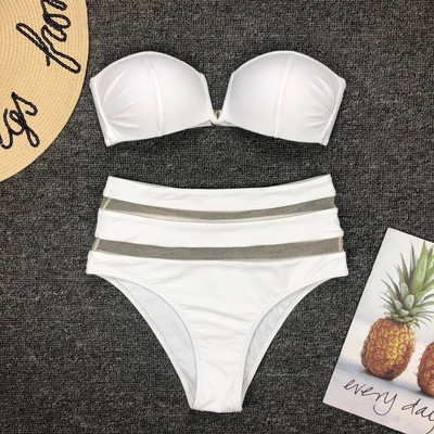 Szexi magas derekú bikini női tömör fehér hálós pánt nélküli mini fürdőruha brazil fürdőruha Push Up fürdőruha Biquini strandruha