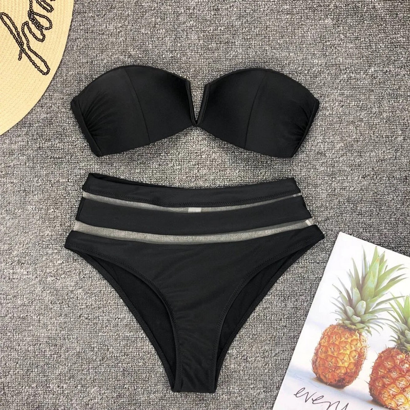 Szexi magas derekú bikini női tömör fehér hálós pánt nélküli mini fürdőruha brazil fürdőruha Push Up fürdőruha Biquini strandruha