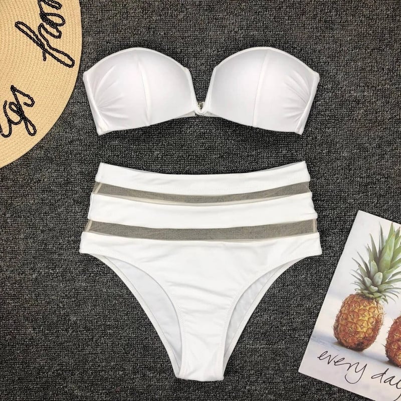 Szexi magas derekú bikini női tömör fehér hálós pánt nélküli mini fürdőruha brazil fürdőruha Push Up fürdőruha Biquini strandruha