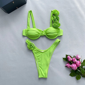 2024 Нов комплект бикини Дамски комплект от стоманена плоча Плътен цвят Триизмерни цветя Разделен дамски бански костюм Дамски