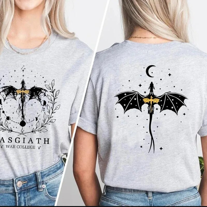 Majica velikih dimenzija Basgiath War College T-shirt kratkih rukava dvostrana Fourth Wing Dragon Rider Dark Academia majica kratkih rukava Pamučna majica kratkih rukava