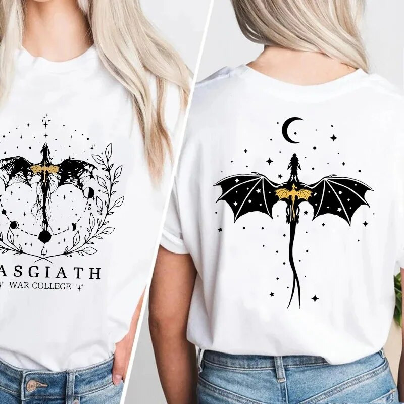 Majica velikih dimenzija Basgiath War College T-shirt kratkih rukava dvostrana Fourth Wing Dragon Rider Dark Academia majica kratkih rukava Pamučna majica kratkih rukava