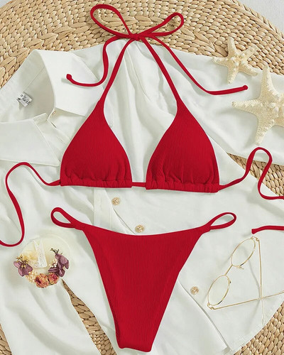 2024 Set de bikini din țesătură cu dungi speciale pentru femei, sexy, simplu, solid, costum de baie, cu talie înaltă, costum de baie pentru plajă.