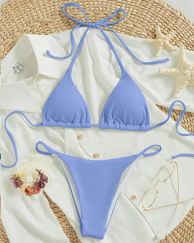 2024 Set de bikini din țesătură cu dungi speciale pentru femei, sexy, simplu, solid, costum de baie, cu talie înaltă, costum de baie pentru plajă.