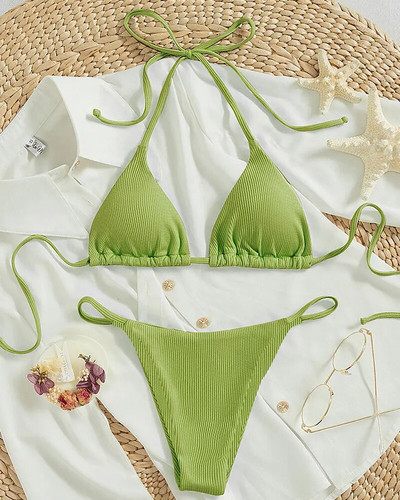 2024 Set de bikini din țesătură cu dungi speciale pentru femei, sexy, simplu, solid, costum de baie, cu talie înaltă, costum de baie pentru plajă.