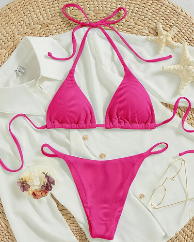 2024 Set de bikini din țesătură cu dungi speciale pentru femei, sexy, simplu, solid, costum de baie, cu talie înaltă, costum de baie pentru plajă.