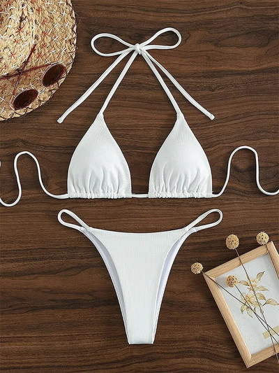 2024 Set de bikini din țesătură cu dungi speciale pentru femei, sexy, simplu, solid, costum de baie, cu talie înaltă, costum de baie pentru plajă.