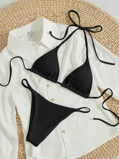 2024 Set de bikini din țesătură cu dungi speciale pentru femei, sexy, simplu, solid, costum de baie, cu talie înaltă, costum de baie pentru plajă.