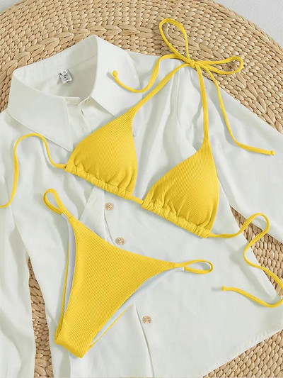 2024 Set de bikini din țesătură cu dungi speciale pentru femei, sexy, simplu, solid, costum de baie, cu talie înaltă, costum de baie pentru plajă.