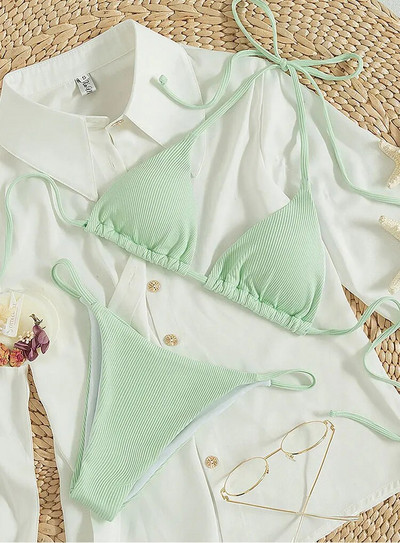 2024 Set de bikini din țesătură cu dungi speciale pentru femei, sexy, simplu, solid, costum de baie, cu talie înaltă, costum de baie pentru plajă.