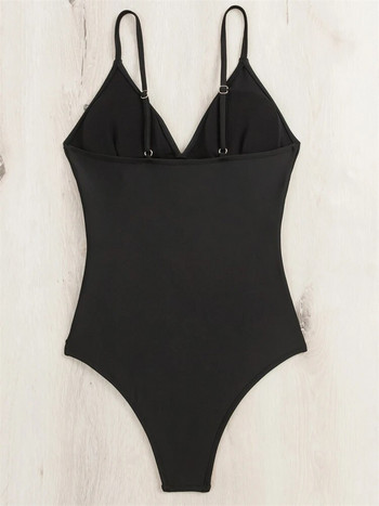 Дамски бански костюм от една част, 2024 г. Нов черен бански костюм с V-образно деколте и без гръб, бански летни плажни бански костюми с рюшове, дамски