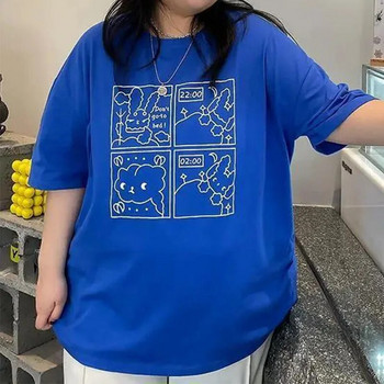 Μόδα Καλοκαιρινό μοτίβο λαιμόκοψης Crew πουλόβερ μπλούζες Κορεατικά φαρδιά κοντό μανίκι γκρι/μπλε χρώμα Γυναικείο μπλουζάκι σε συν μέγεθος