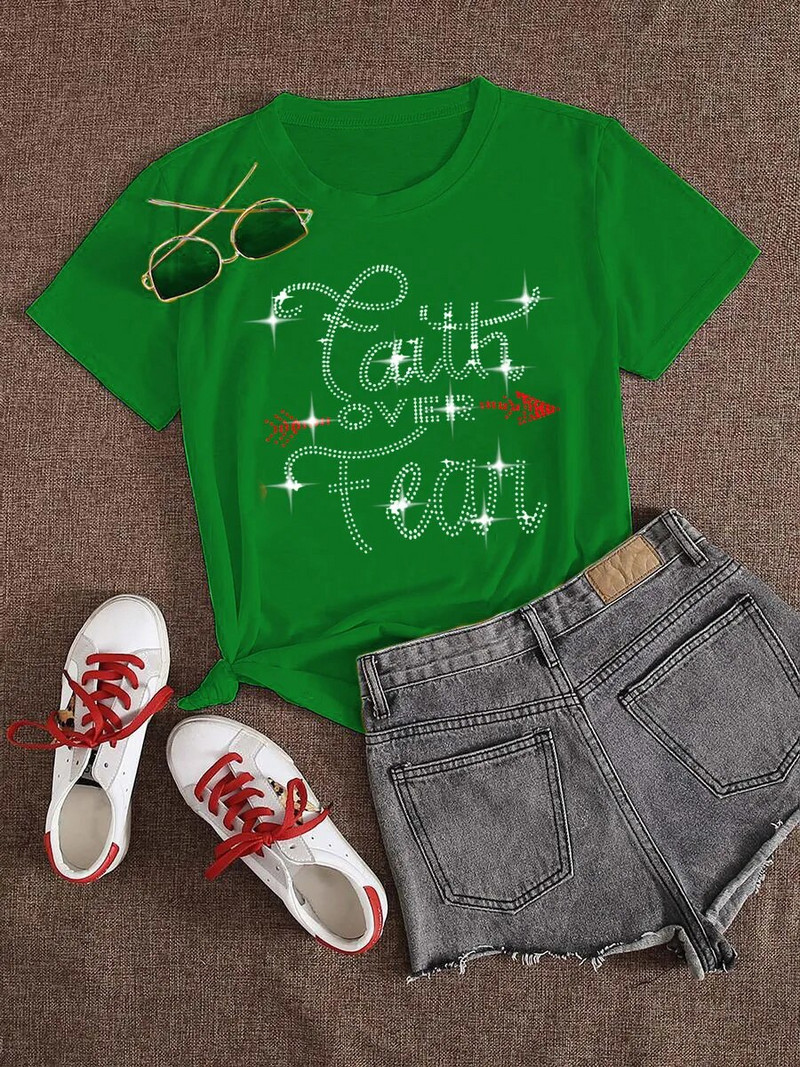 Dámske tričko s krátkym rukávom a kamienkami s nápisom Faith Plus Size, ležérne, denné, s výstrihom do O, bežné letné oblečenie