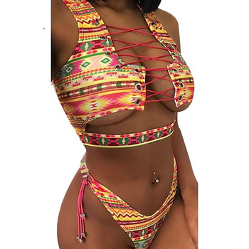 Бикини 2024 Tankini Дамски бански костюм Секси бандо Push Up Нов африкански щампа Прашки с връзки Бански костюм Biquini бански костюм Бразилски