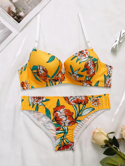 Viomisha įvairiaspalvis moteriškas seksualus apatinio trikotažo rinkinys su plieniniu žiedu ir romantiškais gėlių raštais, moteriškas Push Up Bra Moteriškas apatinis trikotažas