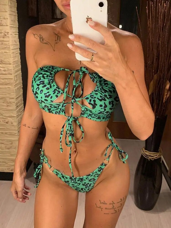 Sexy High Cut Leopard Bikini Γυναικείο μαγιό Γυναικείο μαγιό δύο τεμαχίων μπικίνι Lace Up Μαγιό μπάνιου V1708