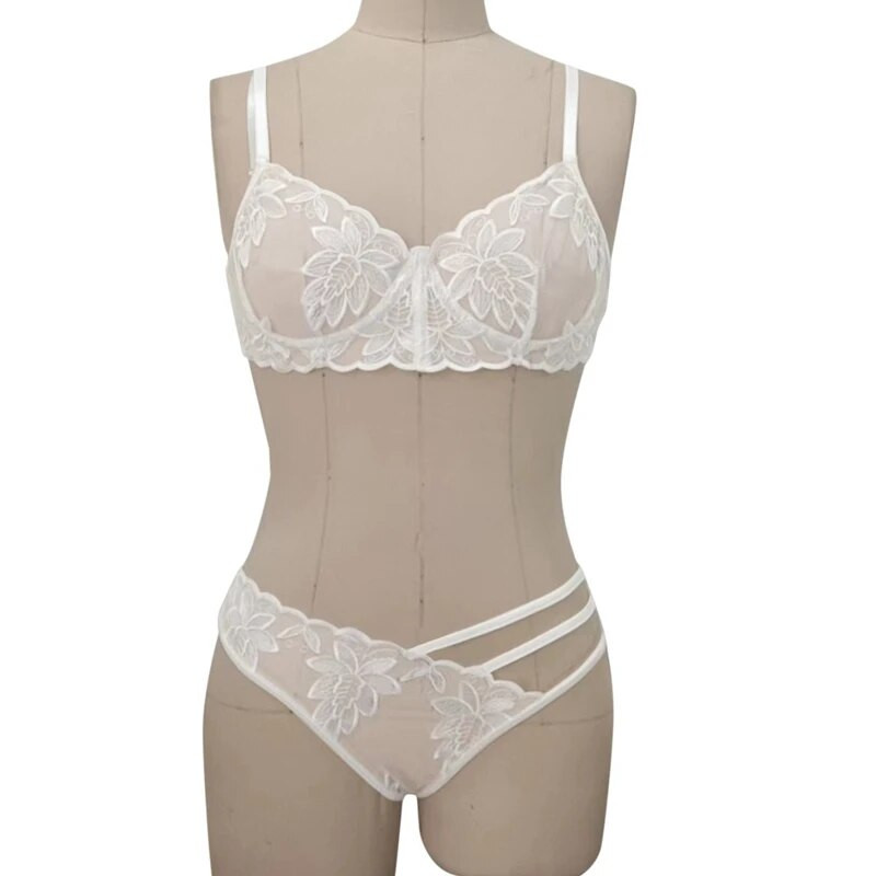 Liemenėlės ir kelnaičių rinkinys Seksualus gėlėtas tuščiaviduris apatinis trikotažas nėriniais siuvinėtas apatinis trikotažas Skaidri liemenėlė ir trumpa moteriška 2 dalių intymios naktinukai