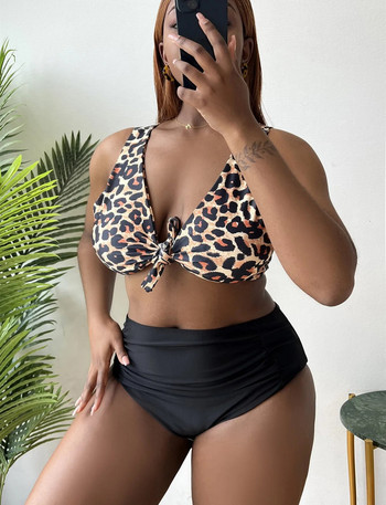 (0XL-4XL) Голям размер Дебел mm Секси бански с леопардов принт на гърдите с разцепени възли Плажен костюм Европейски и американски дамски плажни бански костюми
