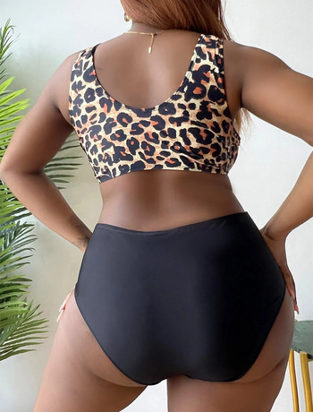 (0XL-4XL) Голям размер Дебел mm Секси бански с леопардов принт на гърдите с разцепени възли Плажен костюм Европейски и американски дамски плажни бански костюми