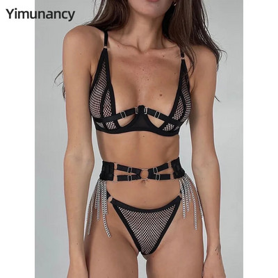 Yimunancy Mesh Erotic Set Дамски готически черен комплект бельо с изрязана верига, декориран с гащи