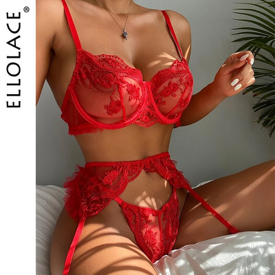 Ellolace Senzualno donje rublje Crvena čipka Proziran grudnjak Podvezice Tange Vez Fancy Bilizna Set Seksi kostim 3-dijelni Intimni