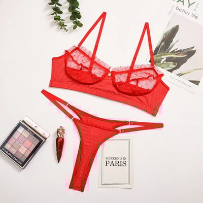 Erotski grudnjak s kratkim rukavima Čipkano donje rublje s volanima Seksi žensko prozirno donje rublje Erotski seksi kompleti čipkanih grudnjaka Erotski intimni