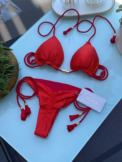 Ženski bikini Novi jednobojni kupaći kostim od konopa od posebne tkanine u više boja
