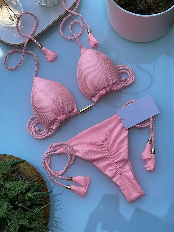 Ženski bikini Novi jednobojni kupaći kostim od konopa od posebne tkanine u više boja