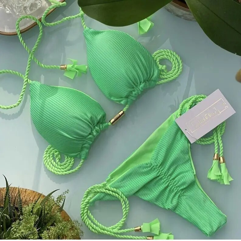 Ženski bikini Novi jednobojni kupaći kostim od konopa od posebne tkanine u više boja