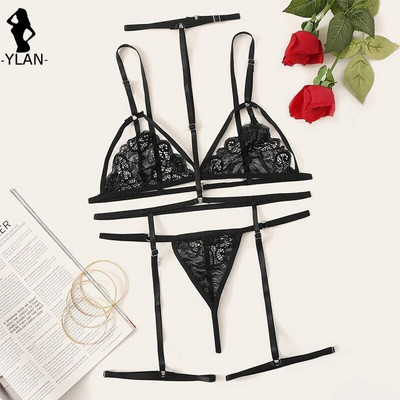 Set sutien din dantelă florală Set de lenjerie erotică cu jartieră Porno Lenjerie de corp pentru femei Lenceria pentru sex Bandaj scobit Lenjerie feminină