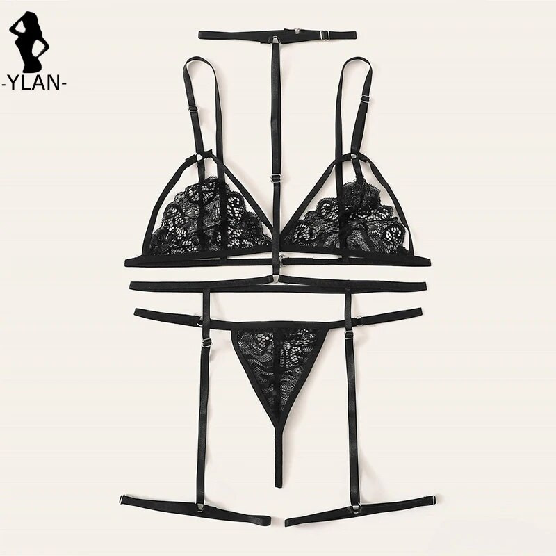 Set sutien din dantelă florală Set de lenjerie erotică cu jartieră Porno Lenjerie de corp pentru femei Lenceria pentru sex Bandaj scobit Lenjerie feminină