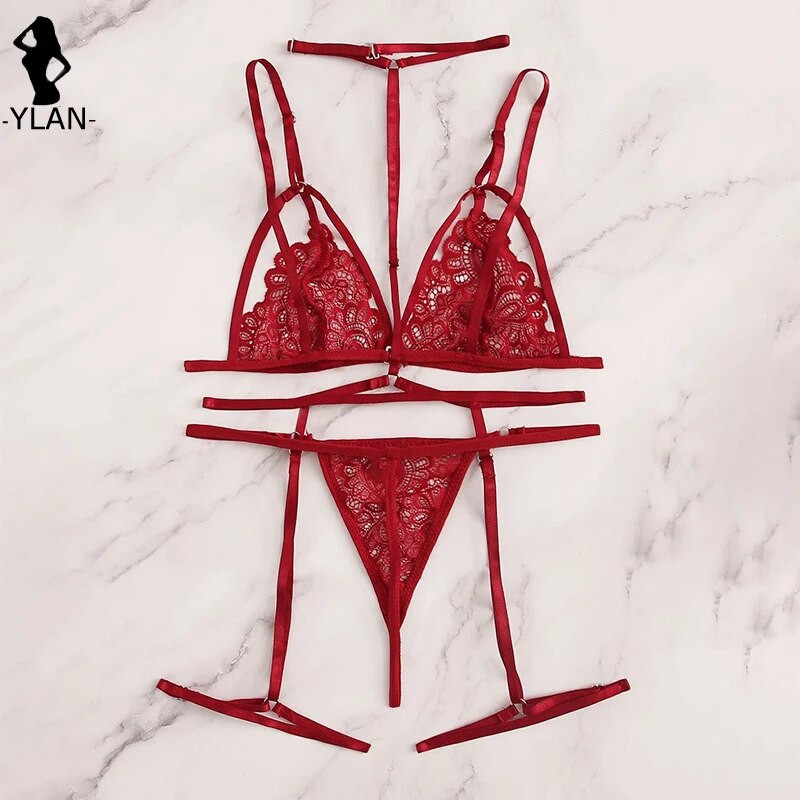 Set sutien din dantelă florală Set de lenjerie erotică cu jartieră Porno Lenjerie de corp pentru femei Lenceria pentru sex Bandaj scobit Lenjerie feminină