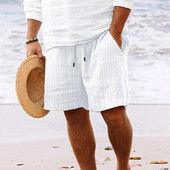 Pantaloni scurți de vară pentru bărbați, din bumbac, cu dungi, pantaloni scurți de in, de culoare uni, respirabili, pentru plajă, ocazional, pantaloni largi cu talie elastică