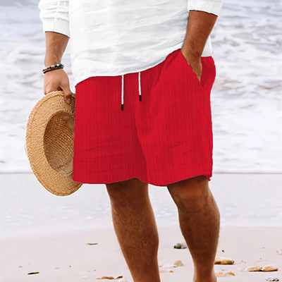 Pantaloni scurți de vară pentru bărbați, din bumbac, cu dungi, pantaloni scurți de in, de culoare uni, respirabili, pentru plajă, ocazional, pantaloni largi cu talie elastică