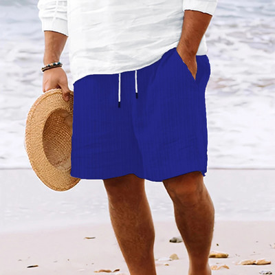 Pantaloni scurți de vară pentru bărbați, din bumbac, cu dungi, pantaloni scurți de in, de culoare uni, respirabili, pentru plajă, ocazional, pantaloni largi cu talie elastică