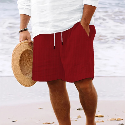 Pantaloni scurți de vară pentru bărbați, din bumbac, cu dungi, pantaloni scurți de in, de culoare uni, respirabili, pentru plajă, ocazional, pantaloni largi cu talie elastică