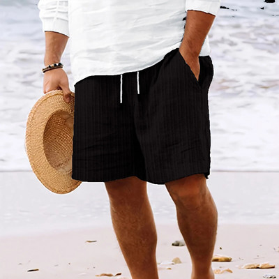 Pantaloni scurți de vară pentru bărbați, din bumbac, cu dungi, pantaloni scurți de in, de culoare uni, respirabili, pentru plajă, ocazional, pantaloni largi cu talie elastică