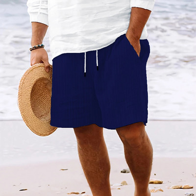 Pantaloni scurți de vară pentru bărbați, din bumbac, cu dungi, pantaloni scurți de in, de culoare uni, respirabili, pentru plajă, ocazional, pantaloni largi cu talie elastică
