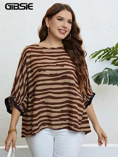 GIBSIE Plus Size Zebra Stripe 3/4 μανίκι Υπερμεγέθη Γυναικείο μπλουζάκι Κορεάτικο Casual καλοκαιρινό γυναικείο μπλουζάκι με λαιμόκοψη Μπλουζάκια 2023 νέο