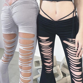 2023 Модни дамски летни кльощави кухи ежедневни дълги клоширани панталони Секси едноцветни панталони с ниска талия с връзки