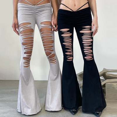 2023 Модни дамски летни кльощави кухи ежедневни дълги клоширани панталони Секси едноцветни панталони с ниска талия с връзки