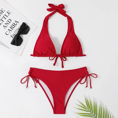 2024 Costum de baie sexy cu Halter Bikini cu talie joasă Negru/Roșu/Trandafir Costum de baie de plajă Bandaj ieftine Costum de baie brazilian Două piese Reducere