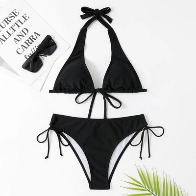 2024 Costum de baie sexy cu Halter Bikini cu talie joasă Negru/Roșu/Trandafir Costum de baie de plajă Bandaj ieftine Costum de baie brazilian Două piese Reducere