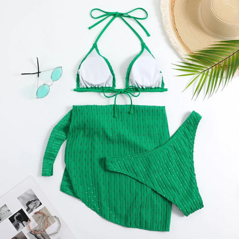 2023. Ljetni bikini s halterima od 3 komada Ženski seksi kupaći kostim s tangama od posebnog materijala sa sarong suknjom Bijela/crna/ružičasta/zelena odjeća za plažu